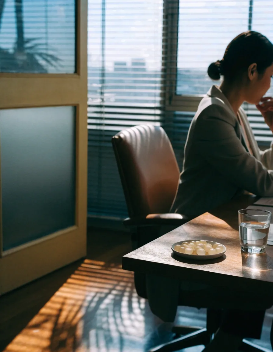 A writer at a desk by a bright window in a Jakarta office, seen from behind