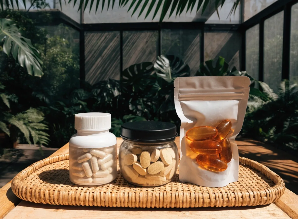 Hands at a pale table beside unlabelled supplement containers in hard noon light