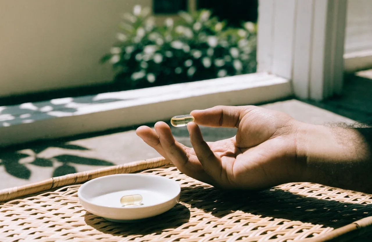 A hand lifting a translucent capsule above a pale tabletop in bright noon light with leaf shadows across the surface