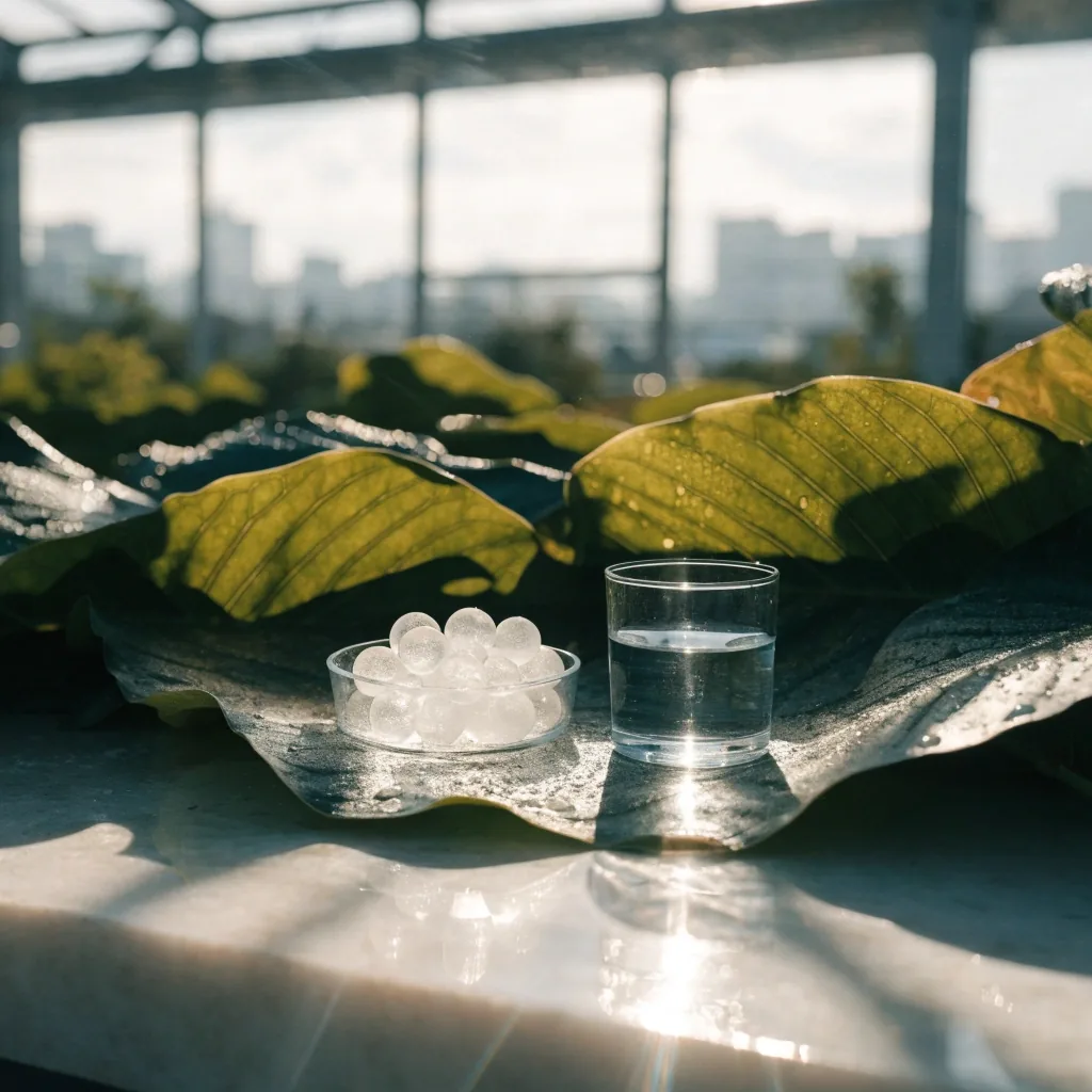 Close view of a glasshouse bench with a glass dish of clear capsules and water droplets on leaf veins in bright noon light