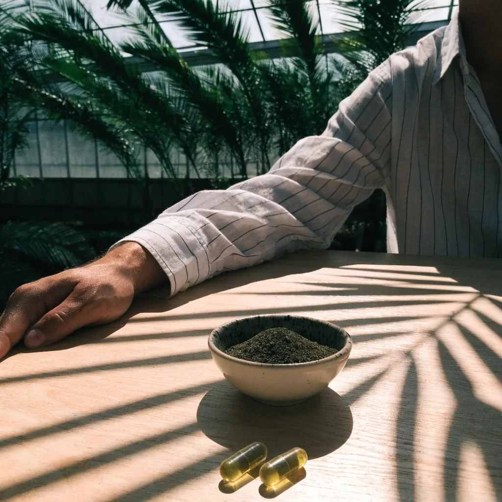 A forearm and torso at a pale table beside a bowl of botanical extract powder and two capsules in glasshouse light