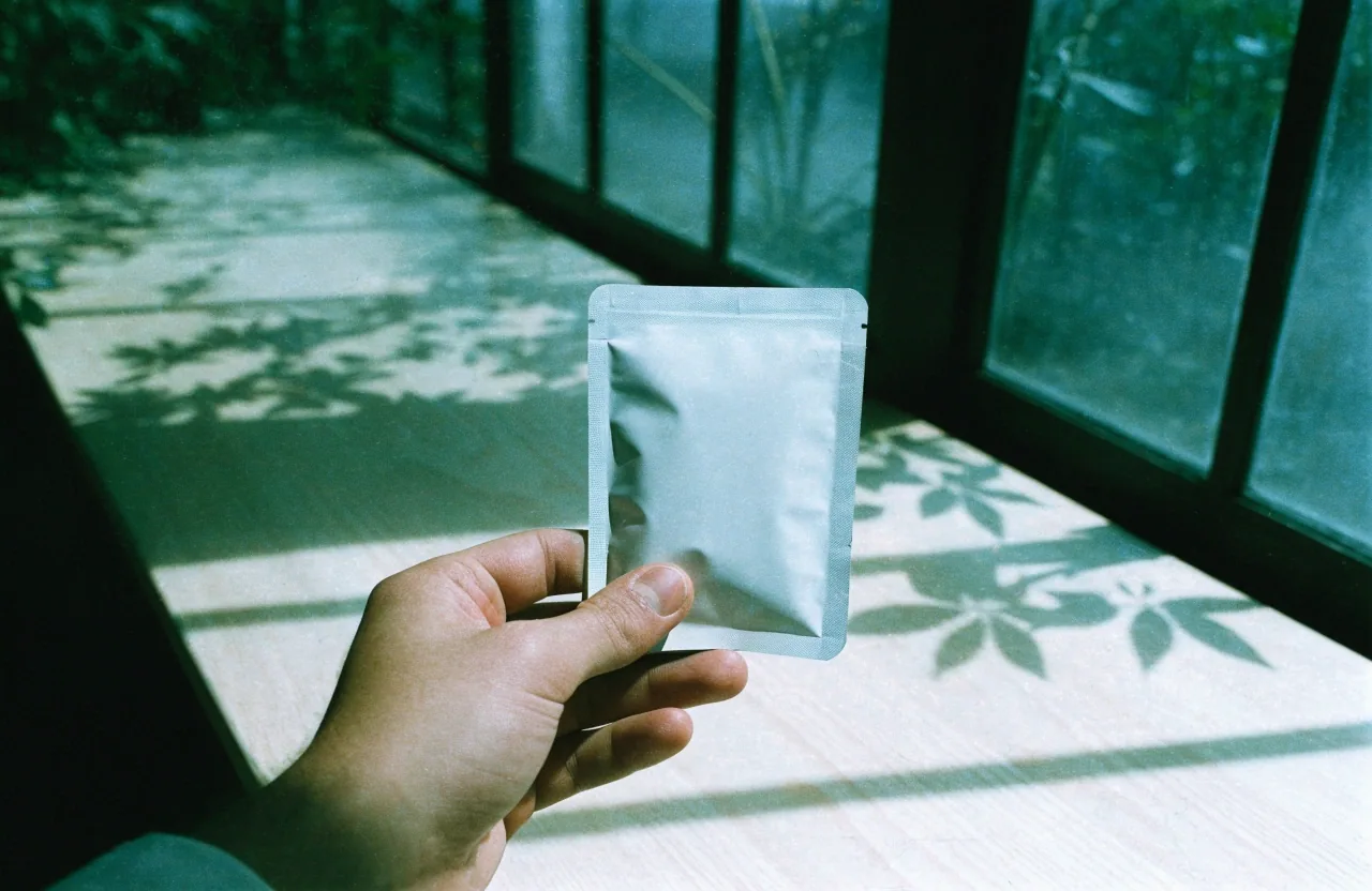 A hand holding a plain capsule pack up to bright glasshouse light with the printed face turned away