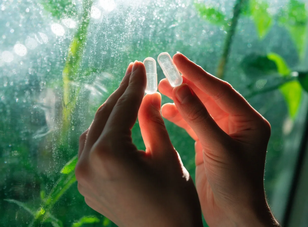 A man's hands turning two clear capsules against a bright glasshouse window