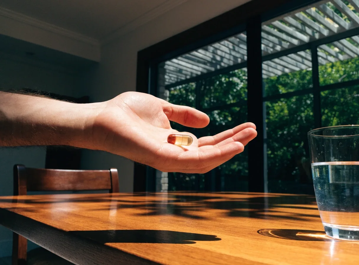 Single translucent herbal capsule on pale matte paper with a sharp palm-leaf shadow crossing it