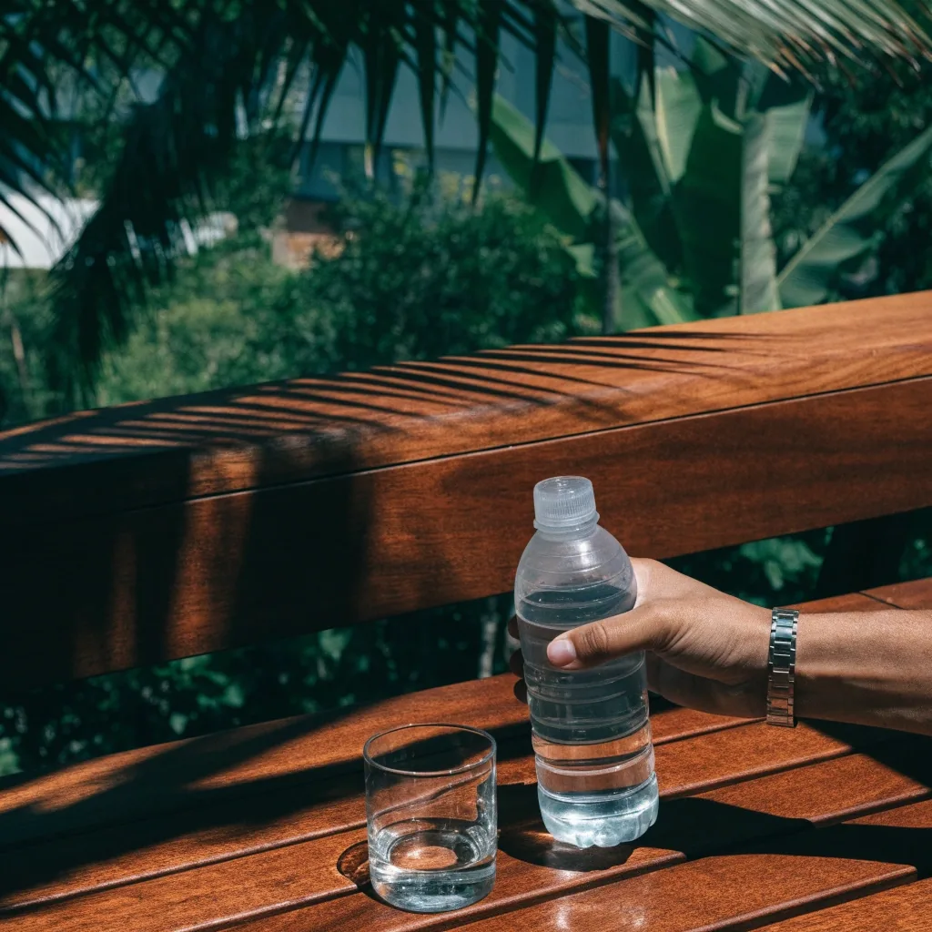 Glass of water and a filled bottle on a sunlit bench with palm-frond shadows at midday