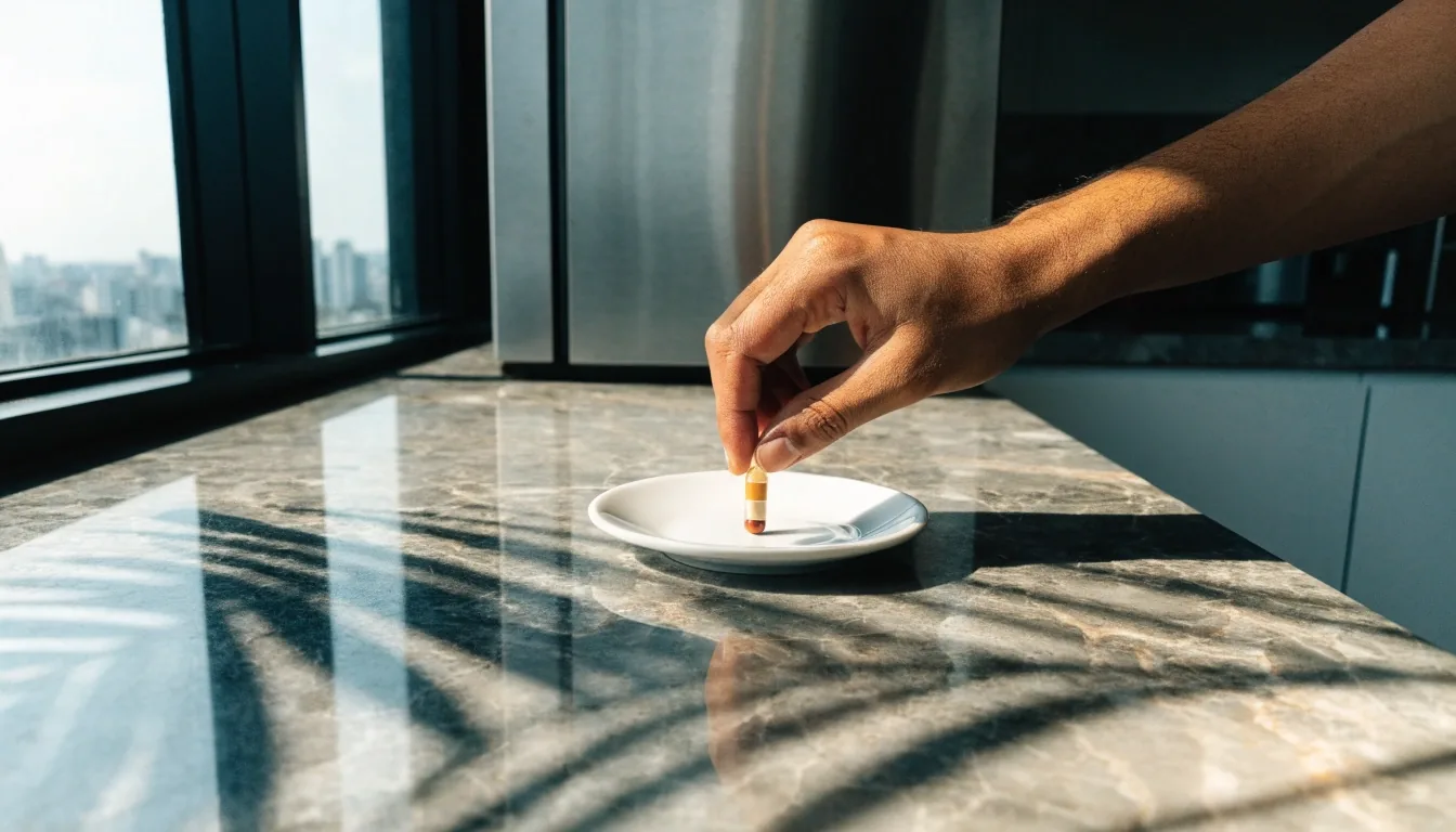 A hand resting on a desk beside a small bowl of capsules in noon light