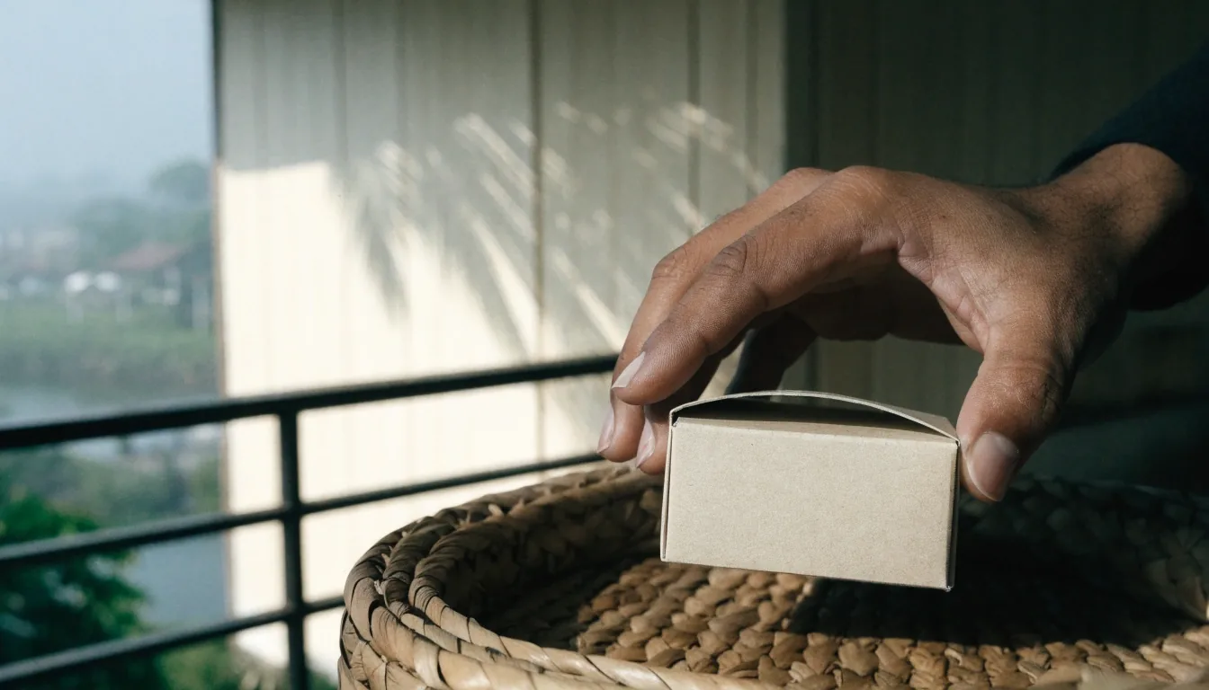 A hand turning a supplement carton on a pale bench in noon light, faces unreadable