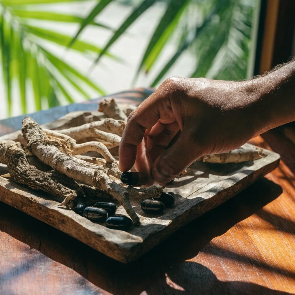 Dried botanical root slices and dark capsules arranged on pale paper in side light