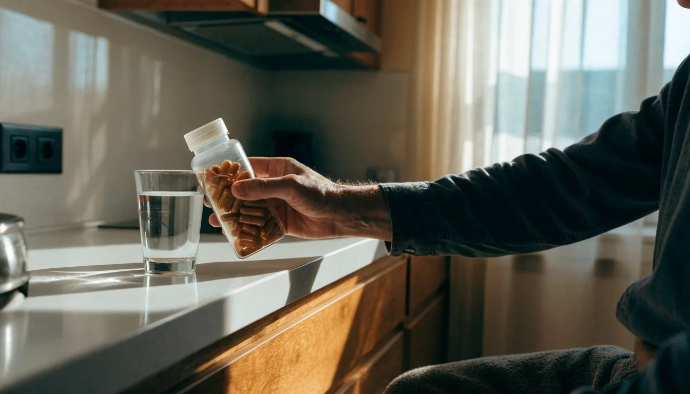Older hands opening a plain container on a pale table under noon light