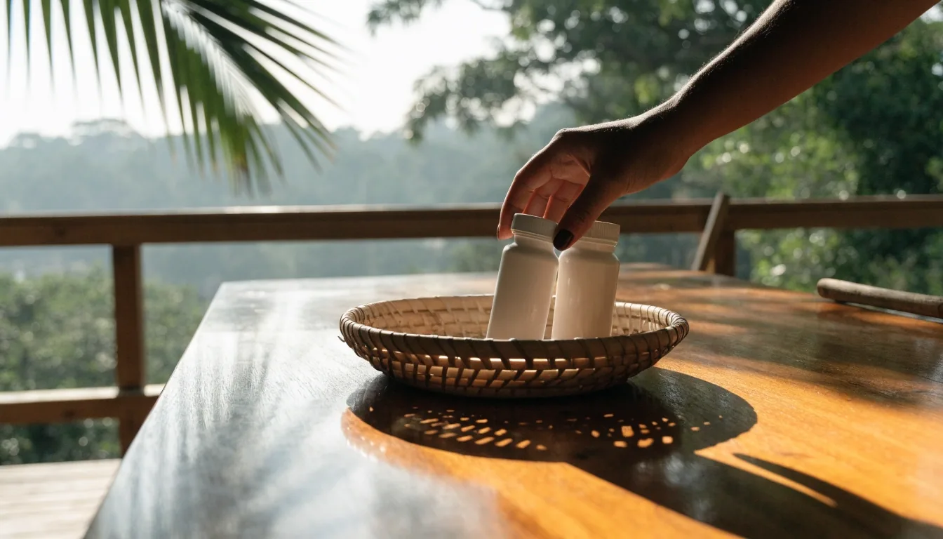 Two unbranded supplement bottles on their sides on a pale bench in noon light