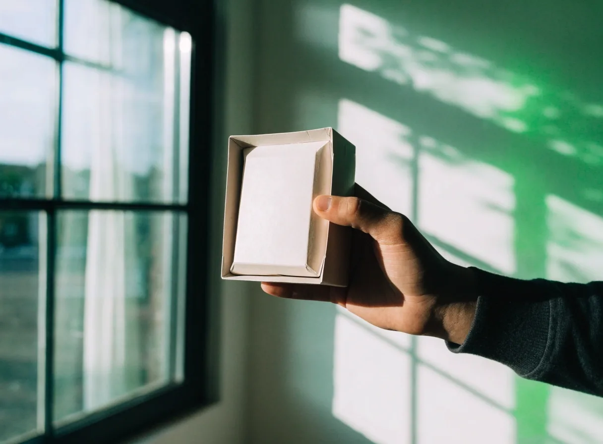 Hand holding the plain side of a supplement carton toward a bright noon window
