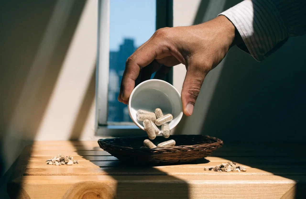 Overhead noon-light study of natural capsules and dried botanical material on a pale surface
