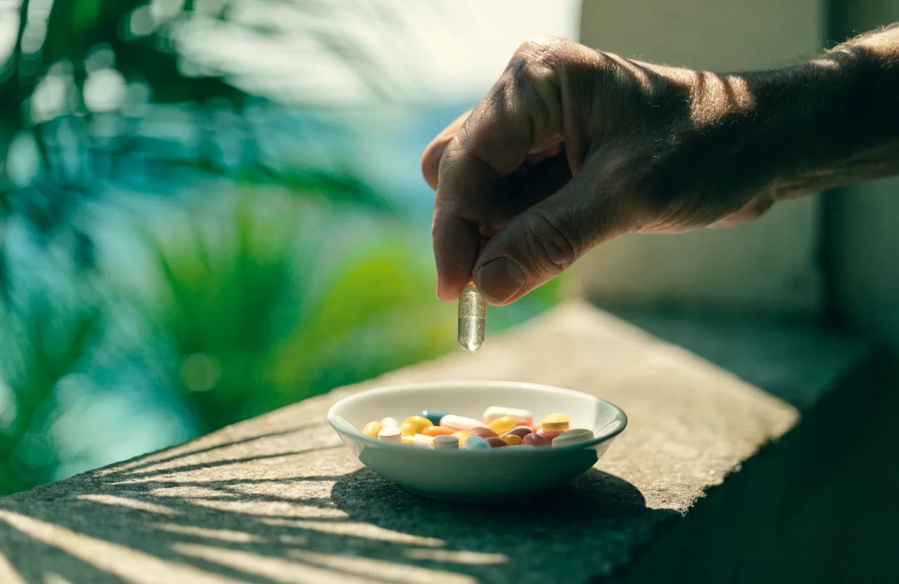 An older man's hand beside a small bowl of capsules on a bright tabletop with a leaf shadow