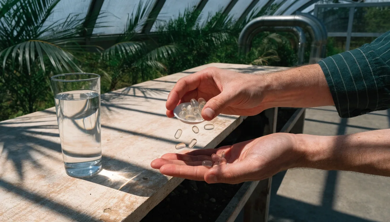 Pale glasshouse bench at noon with a small dish of capsules and palm shadows across the wood