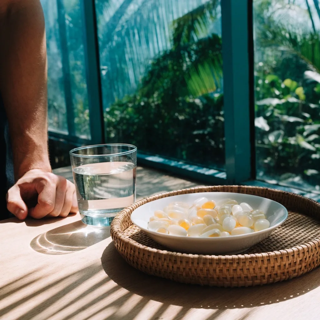 Bright glasshouse table with a bowl of capsules and a closed journal under noon light