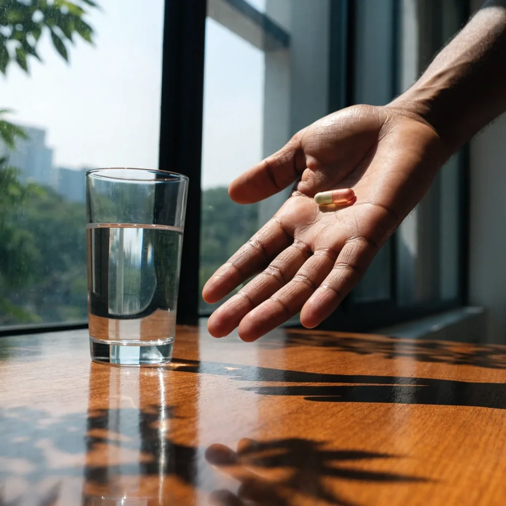 Hands turning two translucent capsules against a bright window pane