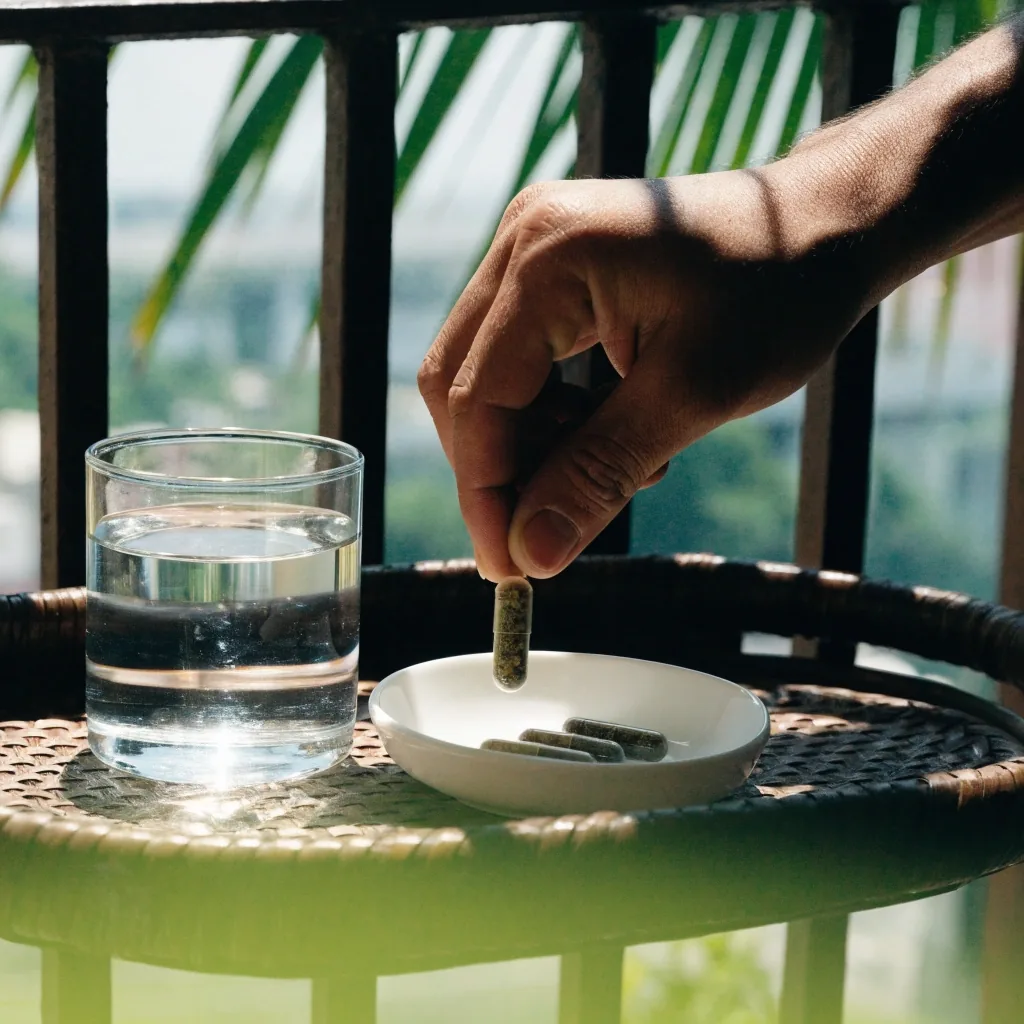 Man at a bright kitchen table checking an unmarked supplement bottle in morning light