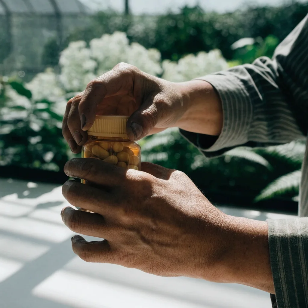 Older man's hands turning a plain bottle on a bright windowsill