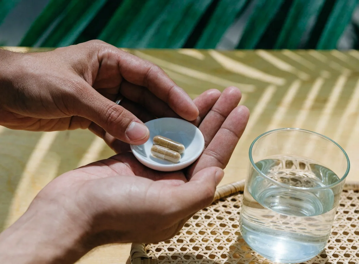 Unmarked supplement bottle and loose botanical capsules on pale paper under hard noon light