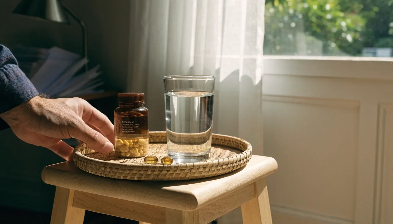 A pale glasshouse bench with a small envelope, a blank sheet of paper and a dish of translucent capsules under hard noon light