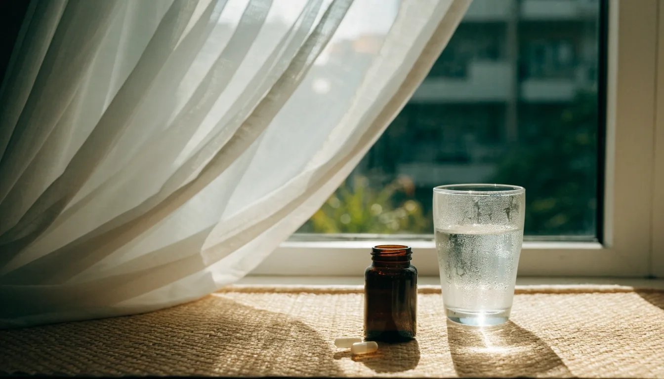 Editorial view of a working desk by a noon window with a notebook and a small dish of capsules, cool daylight through a palm frond