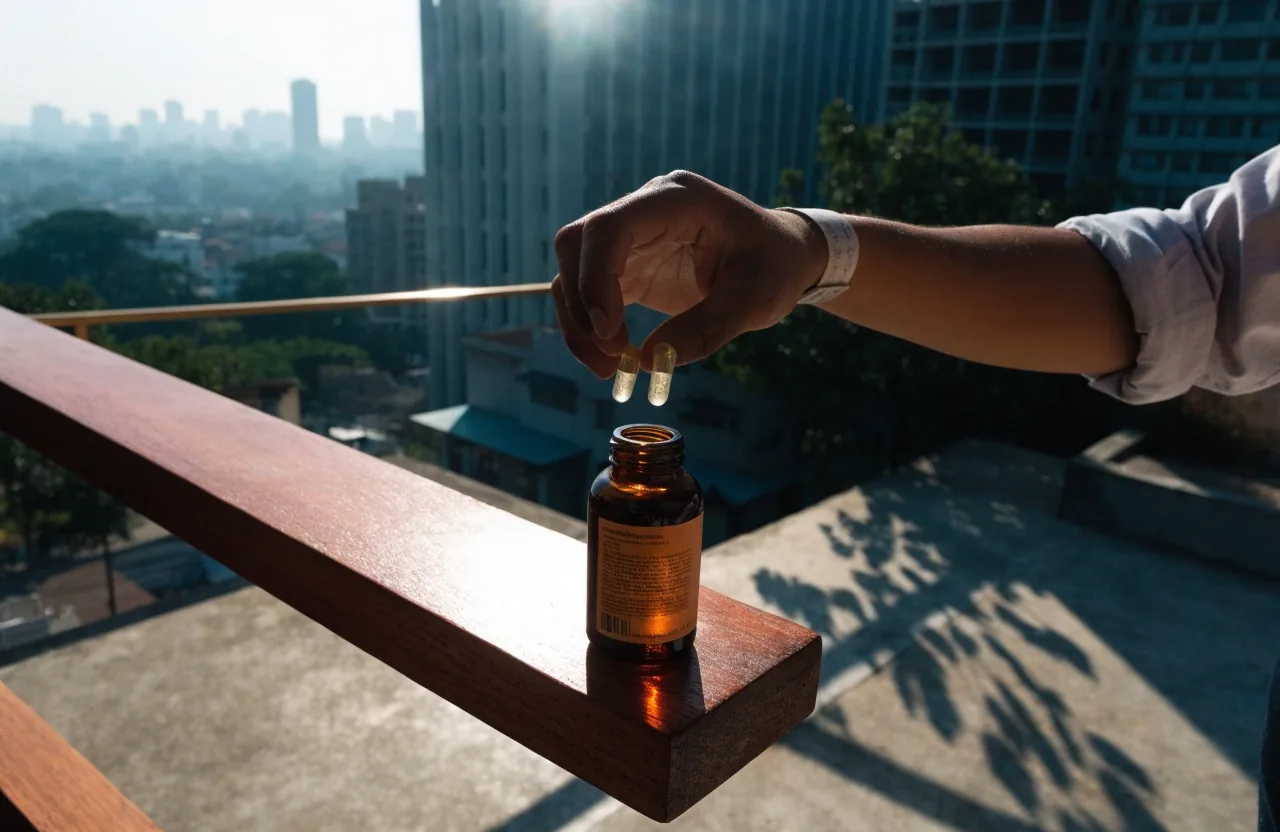 Hands holding a small bottle and a translucent capsule at a sunlit table, no readable label in frame